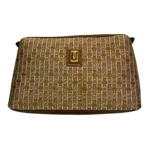 VTG Judith Lieber Monogram Logo top zip makeup bag clutch canvas leather. 9”x5”